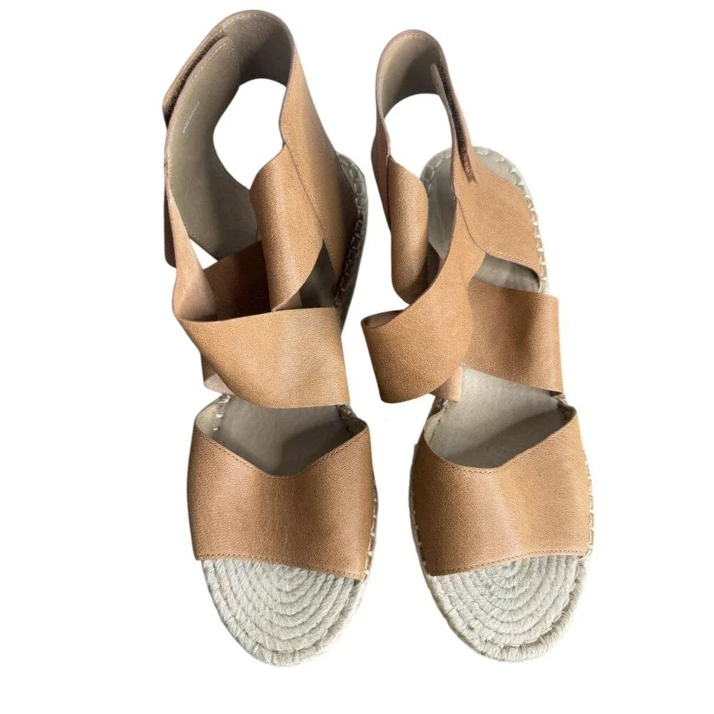 Eileen Fisher Willow Tumbled Leather Wedge Espadrille size 10M Honey Tan Sandals